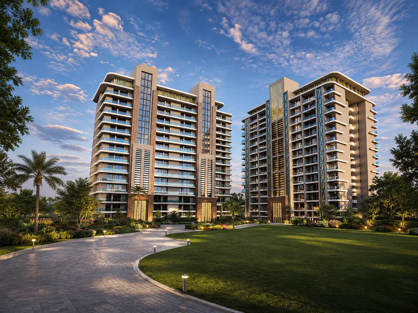 Grandeur Homes landscaped towers at dusk